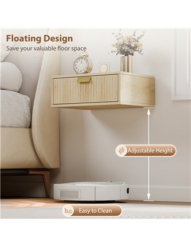HOMCOM Modern Floating Nightstands Set of 2, Wall Mounted Bedside Tables with Wave Drawer Oak
