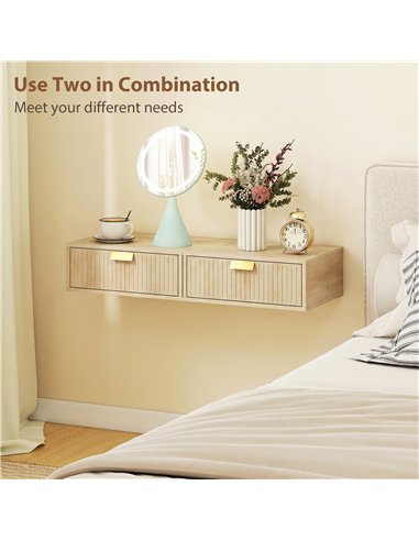 HOMCOM Modern Floating Nightstands Set of 2, Wall Mounted Bedside Tables with Wave Drawer Oak