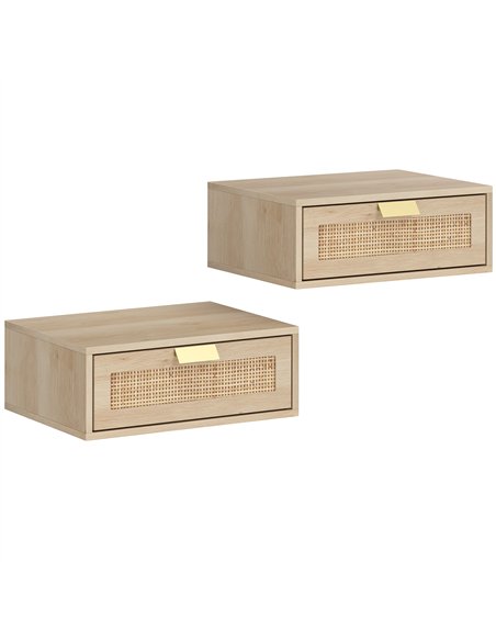 HOMCOM Floating Bedside Tables Set of 2, Wall Mounted Bedside Cabinets with Rattan Drawer and Wood Effect, Oak - pic 193693 | FastDaddyshop