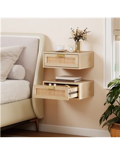 HOMCOM Floating Bedside Tables Set of 2, Wall Mounted Bedside Cabinets with Rattan Drawer and Wood Effect, Oak 2