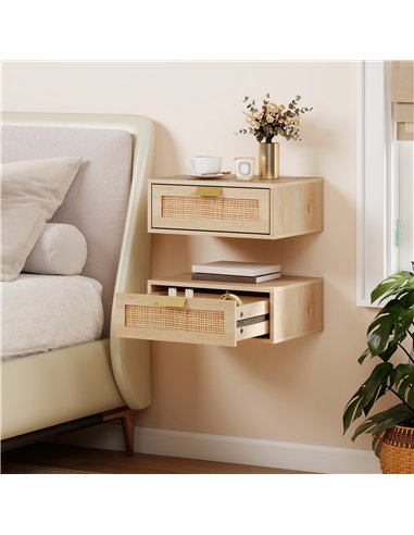 HOMCOM Floating Bedside Tables Set of 2, Wall Mounted Bedside Cabinets with Rattan Drawer and Wood Effect, Oak