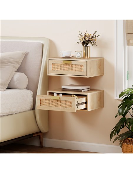 HOMCOM Floating Bedside Tables Set of 2, Wall Mounted Bedside Cabinets with Rattan Drawer and Wood Effect, Oak - pic 193694 | FastDaddyshop