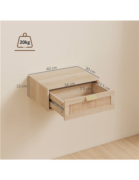 HOMCOM Floating Bedside Tables Set of 2, Wall Mounted Bedside Cabinets with Rattan Drawer and Wood Effect, Oak - pic 193695 | FastDaddyshop