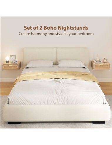 HOMCOM Floating Bedside Tables Set of 2, Wall Mounted Bedside Cabinets with Rattan Drawer and Wood Effect, Oak