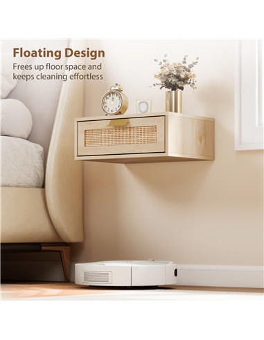 HOMCOM Floating Bedside Tables Set of 2, Wall Mounted Bedside Cabinets with Rattan Drawer and Wood Effect, Oak