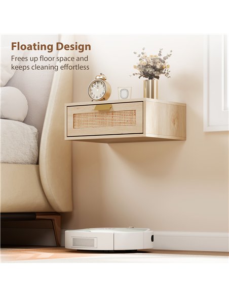HOMCOM Floating Bedside Tables Set of 2, Wall Mounted Bedside Cabinets with Rattan Drawer and Wood Effect, Oak - pic 193697 | FastDaddyshop