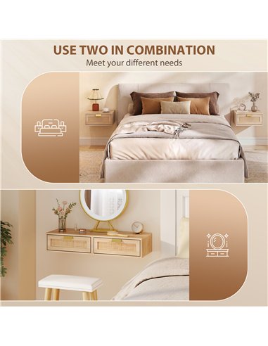 HOMCOM Floating Bedside Tables Set of 2, Wall Mounted Bedside Cabinets with Rattan Drawer and Wood Effect, Oak