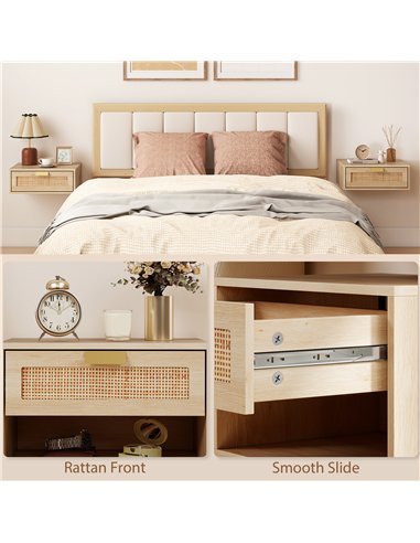 HOMCOM Floating Bedside Tables Set of 2, Wall Mounted Bedside Cabinets with Rattan Drawer and Wood Effect, Oak