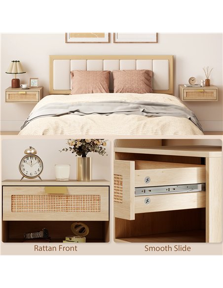 HOMCOM Floating Bedside Tables Set of 2, Wall Mounted Bedside Cabinets with Rattan Drawer and Wood Effect, Oak - pic 193699 | FastDaddyshop