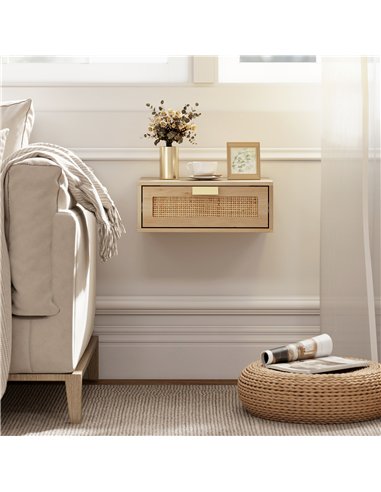 HOMCOM Floating Bedside Tables Set of 2, Wall Mounted Bedside Cabinets with Rattan Drawer and Wood Effect, Oak