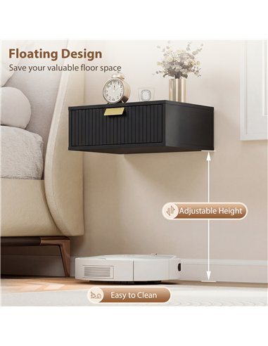 HOMCOM Modern Floating Nightstands Set of 2, Wall Mounted Bedside Tables with Wave Drawer Black