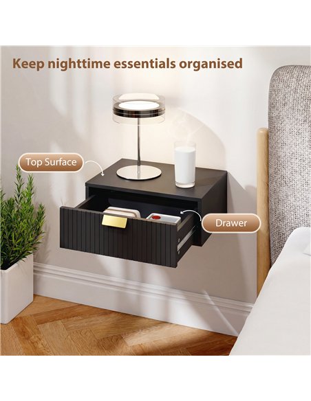 HOMCOM Modern Floating Nightstands Set of 2, Wall Mounted Bedside Tables with Wave Drawer Black - pic 193706 | FastDaddyshop