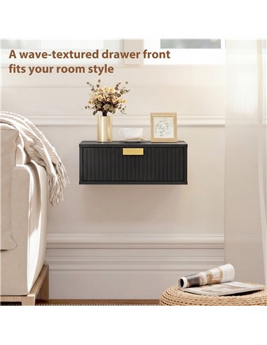 HOMCOM Modern Floating Nightstands Set of 2, Wall Mounted Bedside Tables with Wave Drawer Black