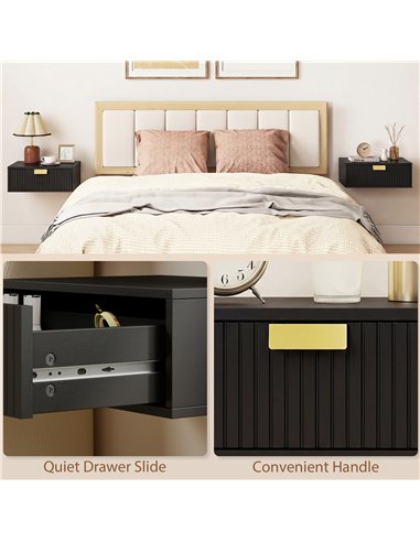 HOMCOM Modern Floating Nightstands Set of 2, Wall Mounted Bedside Tables with Wave Drawer Black
