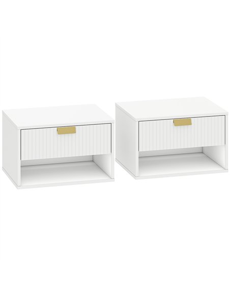 HOMCOM Set of 2 Wall Mounted Nightstands, Floating Bedside Tables with Fluted Drawer and Open Shelf for Small Bedroom, White - pic 193711 | FastDaddyshop