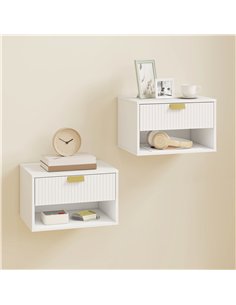 HOMCOM Set of 2 Wall Mounted Nightstands, Floating Bedside Tables with Fluted Drawer and Open Shelf for Small Bedroom, White 2