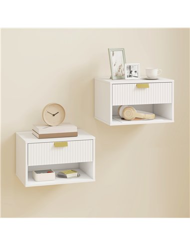 HOMCOM Set of 2 Wall Mounted Nightstands, Floating Bedside Tables with Fluted Drawer and Open Shelf for Small Bedroom, White