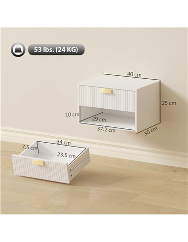 HOMCOM Set of 2 Wall Mounted Nightstands, Floating Bedside Tables with Fluted Drawer and Open Shelf for Small Bedroom, White