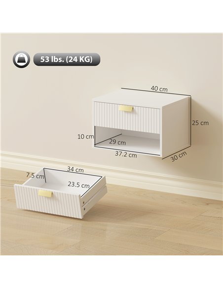 HOMCOM Set of 2 Wall Mounted Nightstands, Floating Bedside Tables with Fluted Drawer and Open Shelf for Small Bedroom, White - pic 193713 | FastDaddyshop