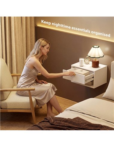 HOMCOM Set of 2 Wall Mounted Nightstands, Floating Bedside Tables with Fluted Drawer and Open Shelf for Small Bedroom, White