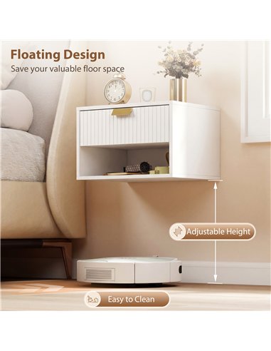 HOMCOM Set of 2 Wall Mounted Nightstands, Floating Bedside Tables with Fluted Drawer and Open Shelf for Small Bedroom, White