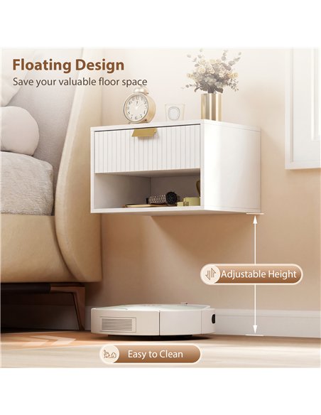 HOMCOM Set of 2 Wall Mounted Nightstands, Floating Bedside Tables with Fluted Drawer and Open Shelf for Small Bedroom, White - pic 193715 | FastDaddyshop