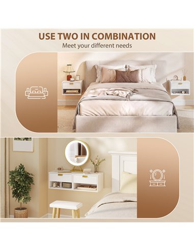 HOMCOM Set of 2 Wall Mounted Nightstands, Floating Bedside Tables with Fluted Drawer and Open Shelf for Small Bedroom, White