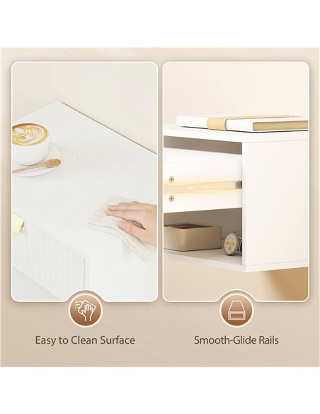 HOMCOM Set of 2 Wall Mounted Nightstands, Floating Bedside Tables with Fluted Drawer and Open Shelf for Small Bedroom, White - pic 193717 | FastDaddyshop
