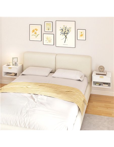 HOMCOM Set of 2 Wall Mounted Nightstands, Floating Bedside Tables with Fluted Drawer and Open Shelf for Small Bedroom, White - pic 193718 | FastDaddyshop