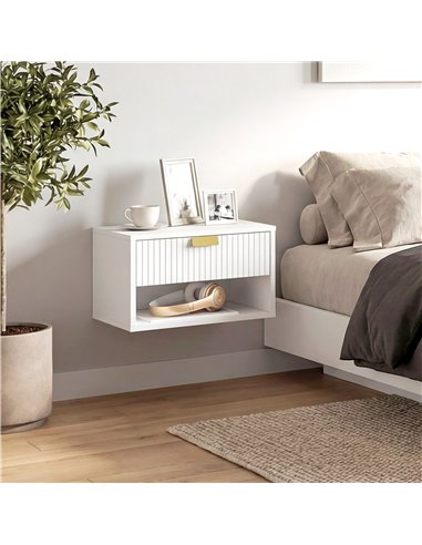 HOMCOM Set of 2 Wall Mounted Nightstands, Floating Bedside Tables with Fluted Drawer and Open Shelf for Small Bedroom, White