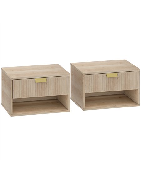 HOMCOM Set of 2 Wall Mounted Nightstands, Floating Bedside Tables with Fluted Drawer and Open Shelf for Small Bedroom, Oak - pic 193720 | FastDaddyshop