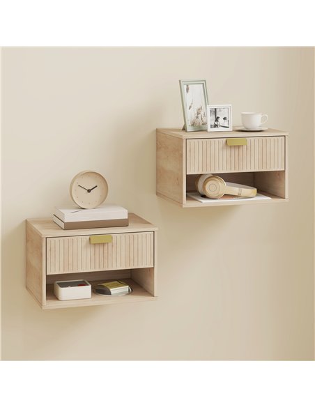 HOMCOM Set of 2 Wall Mounted Nightstands, Floating Bedside Tables with Fluted Drawer and Open Shelf for Small Bedroom, Oak - pic 193721 | FastDaddyshop