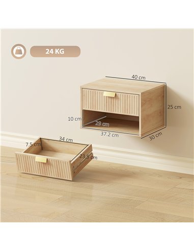 HOMCOM Set of 2 Wall Mounted Nightstands, Floating Bedside Tables with Fluted Drawer and Open Shelf for Small Bedroom, Oak