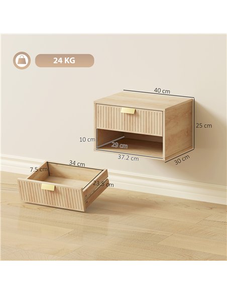 HOMCOM Set of 2 Wall Mounted Nightstands, Floating Bedside Tables with Fluted Drawer and Open Shelf for Small Bedroom, Oak - pic 193722 | FastDaddyshop