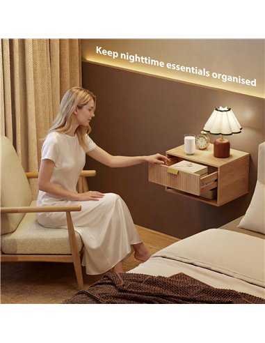 HOMCOM Set of 2 Wall Mounted Nightstands, Floating Bedside Tables with Fluted Drawer and Open Shelf for Small Bedroom, Oak