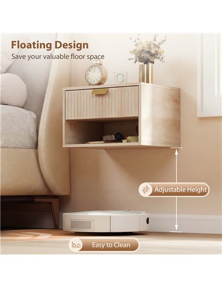 HOMCOM Set of 2 Wall Mounted Nightstands, Floating Bedside Tables with Fluted Drawer and Open Shelf for Small Bedroom, Oak - pic 193724 | FastDaddyshop