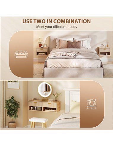 HOMCOM Set of 2 Wall Mounted Nightstands, Floating Bedside Tables with Fluted Drawer and Open Shelf for Small Bedroom, Oak