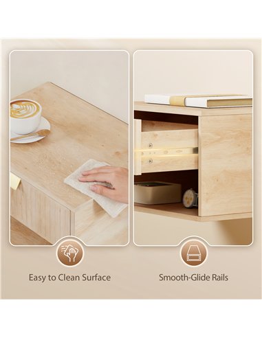HOMCOM Set of 2 Wall Mounted Nightstands, Floating Bedside Tables with Fluted Drawer and Open Shelf for Small Bedroom, Oak