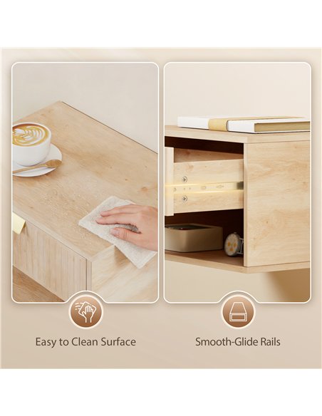 HOMCOM Set of 2 Wall Mounted Nightstands, Floating Bedside Tables with Fluted Drawer and Open Shelf for Small Bedroom, Oak - pic 193726 | FastDaddyshop
