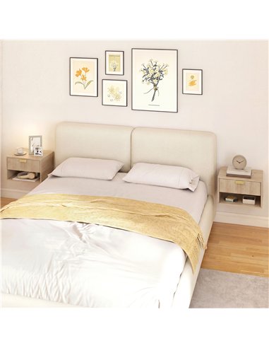HOMCOM Set of 2 Wall Mounted Nightstands, Floating Bedside Tables with Fluted Drawer and Open Shelf for Small Bedroom, Oak
