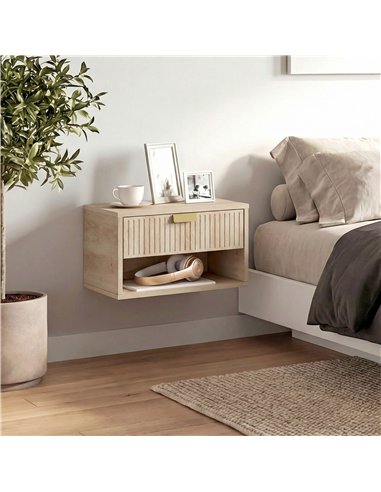 HOMCOM Set of 2 Wall Mounted Nightstands, Floating Bedside Tables with Fluted Drawer and Open Shelf for Small Bedroom, Oak