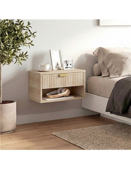 HOMCOM Set of 2 Wall Mounted Nightstands, Floating Bedside Tables with Fluted Drawer and Open Shelf for Small Bedroom, Oak - pic 193728 | FastDaddyshop
