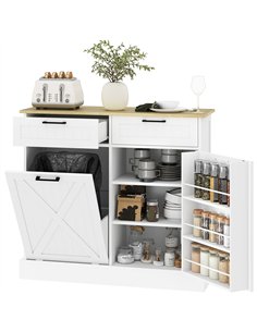 HOMCOM Sideboard with Tilt-out Trash Bin, Farmhouse Kitchen Sideboard with 2 Drawers, Adjustable Shelves, Door Racks, White
