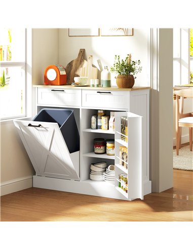 HOMCOM Sideboard with Tilt-out Trash Bin, Farmhouse Kitchen Sideboard with 2 Drawers, Adjustable Shelves, Door Racks, White
