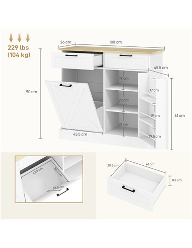 HOMCOM Sideboard with Tilt-out Trash Bin, Farmhouse Kitchen Sideboard with 2 Drawers, Adjustable Shelves, Door Racks, White