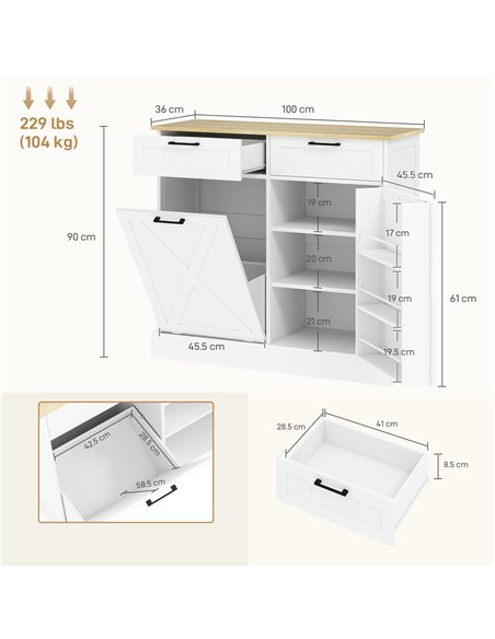 HOMCOM Sideboard with Tilt-out Trash Bin, Farmhouse Kitchen Sideboard with 2 Drawers, Adjustable Shelves, Door Racks, White - pic 193731 | FastDaddyshop