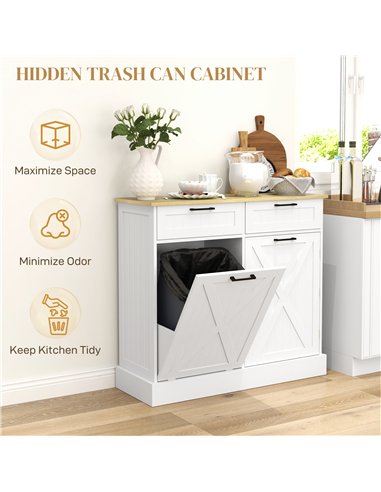 HOMCOM Sideboard with Tilt-out Trash Bin, Farmhouse Kitchen Sideboard with 2 Drawers, Adjustable Shelves, Door Racks, White