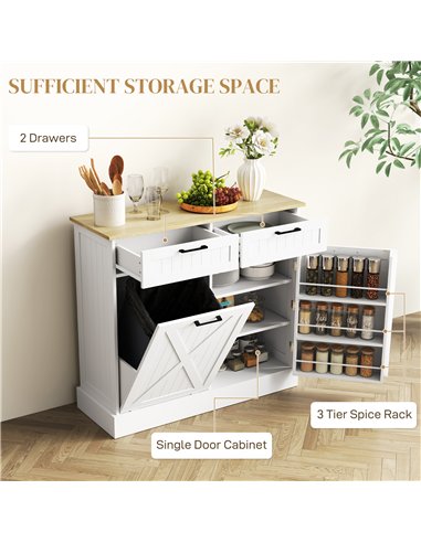 HOMCOM Sideboard with Tilt-out Trash Bin, Farmhouse Kitchen Sideboard with 2 Drawers, Adjustable Shelves, Door Racks, White