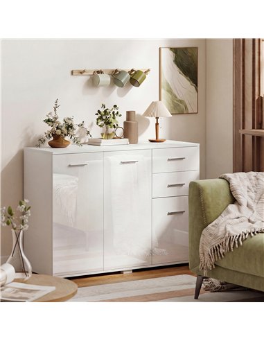 HOMCOM Sideboard, Modern Storage Cabinet with 2 Drawers, 3 Doors and Adjustable Shelves, High Gloss White