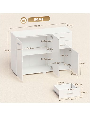 HOMCOM Sideboard, Modern Storage Cabinet with 2 Drawers, 3 Doors and Adjustable Shelves, High Gloss White